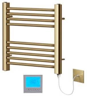 Greened House Brushed Brass Electric Towel Rail 400mm W x 600mm H + Timer