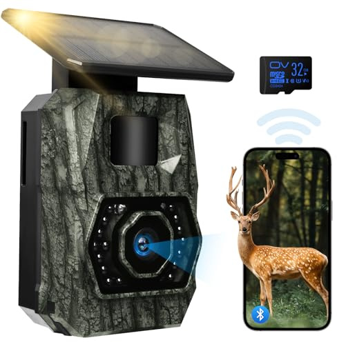 MAXDONE Wildlife Camera WiFi Bluetooth, 48MP 30FPS Solar Trail Camera with Night Vision Motion Activated Trail Cam 0.1s Trigger, IP66, Built-in 5200mAh Rechargeable Battery for Wildlife Monitoring