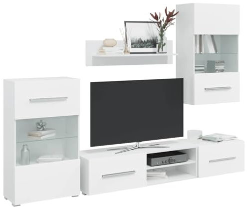 Homgoday TV-enhet inredning 5 st med LED-belysning vit matt spånskiva, möbler TV-dörr lågt skåp TV-skåp för vardagsrum industriellt TV-ställ vardagsrum