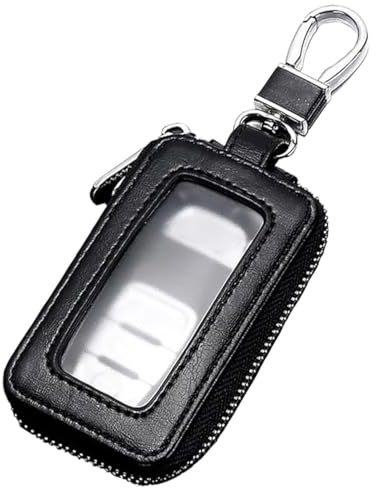 TPZORJX 1Pcs Funda de cuero para llavero de coche, lavero universal de con cierre,con gancho de metal y llavero,ventana transparente, funda para llave de auto(Negro)