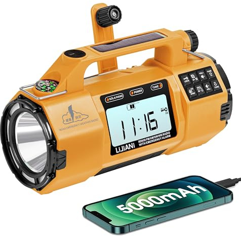 Radio di emergenza FM/AM/SW/NOAA, allarme meteorologico con grande torcia, grande altoparlante, sveglia con timer di spegnimento, batteria sostituibile solare/manovella da 5000 mAh, con caricabatterie