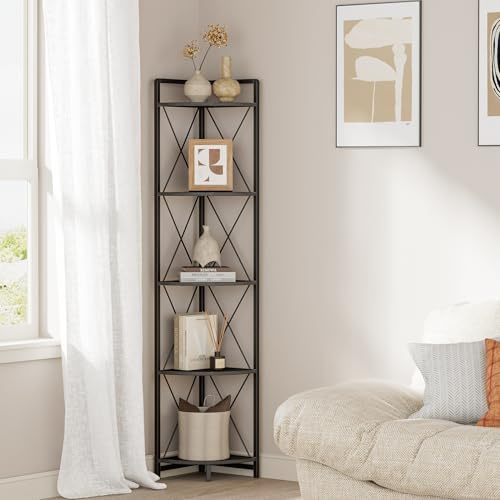 Cerlyunzan 5 Tier Corner Shelf Stand, 64 H Tall Corner Bookshelf, Black
