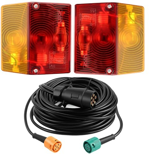 Justech 2 Feux Arrière de Remorque LED 7 Broches avec Câble en Y de 7,5 m, étanche IP65 Deux Câbles Indépendants Halogène Certifié ECE Feu Arrière 12V pour Voiture et Camion