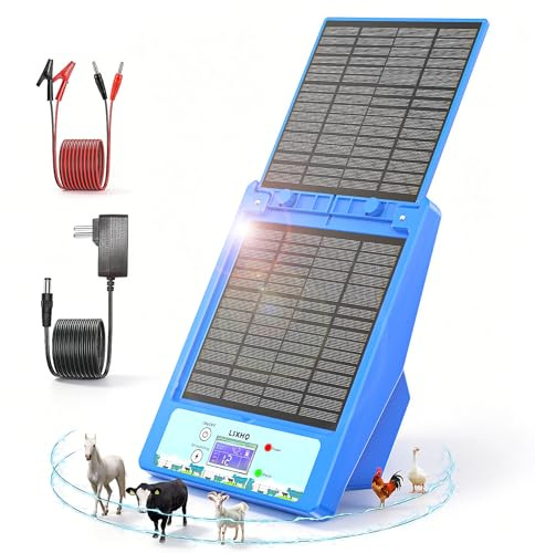 Dispositif de Clôture Électrique Solaire 12V 32KM, Électrificateur de Clôture Étanche avec Batterie au Lithium 18Ah, 0.3-2J, 6KV-12KV Réglable, Panneau Solaire 8W, pour Grands et Petits Animaux (Bleu)