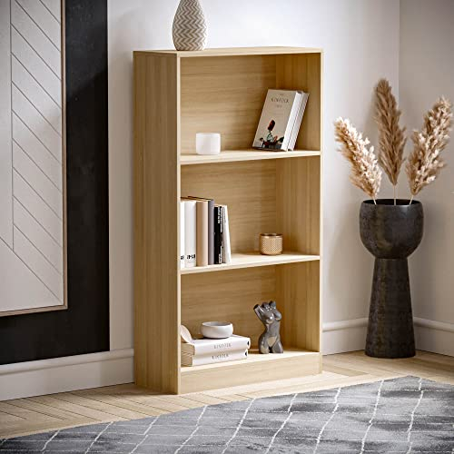 Vida Designs Cambridge 3 Tier Medium Bookcase, Oak Wooden Shelving Display Storage Unit Office Living Room Furniture
