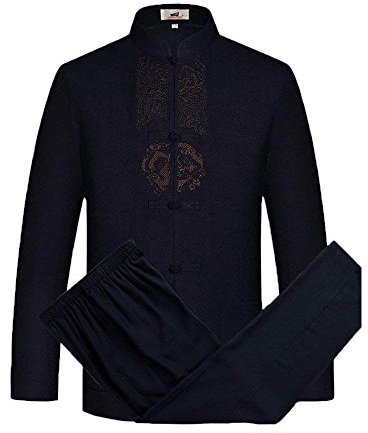 G-LIKE Herren Kung Fu Anzug - Traditionelle Chinesische Tangzhuang Kleidung Kampfkunst Tai Chi Wushu Wing Chun Lange Ärmel Jacke und Hose Orientalische Muster Stoffdruck Uniform (Blau, XL)