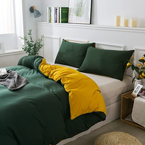 Household - Juego de funda de edredón de 3 piezas, 100 % algodón de punto jersey, ultrasuave y de fácil cuidado, juego de ropa de cama de estilo simple (verde oscuro y amarillo, matrimonial/queen)