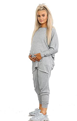 Dam 2-delad träningsoverall set för gravida hög låg topp och underdel för moderskap vardaglig myskläder sweatshirt dam dragsko pyjamasset nattkläder, SILVER, 48/50 SE