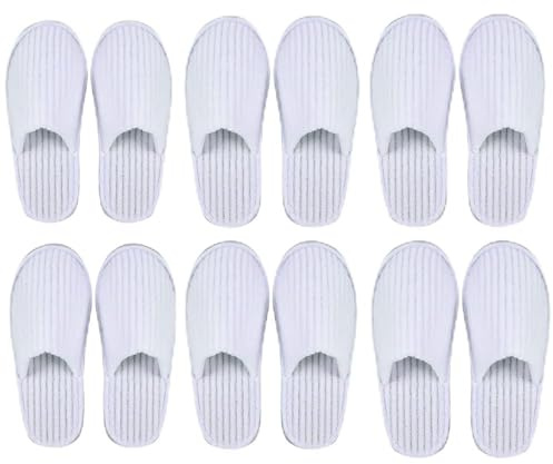 6 par vita gästtofflor hotelltofflor stängda engångstofflor tvättbara och återanvändbara, två storlekar för badrum, hem, resor, bröllop, Vitt och blått, Medium
