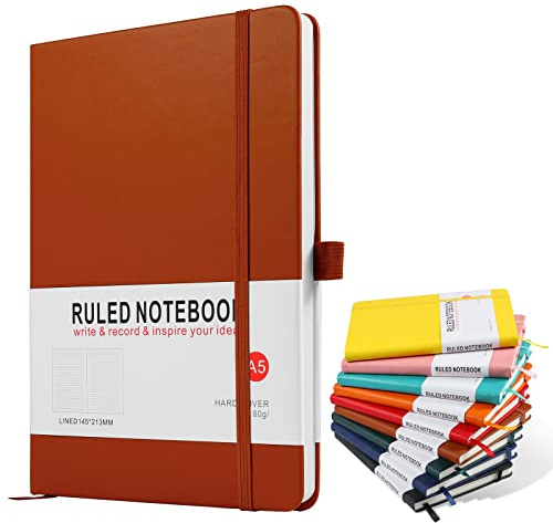 A5 Notebook, Journal Note Pad 200 Pages 80 GSM Journal Notebook Hardback Notepad Composition Notebooks with Lined Pages, Pen Loop and Expandable Paper Pocket, Journal Notepad Note Book-Brown