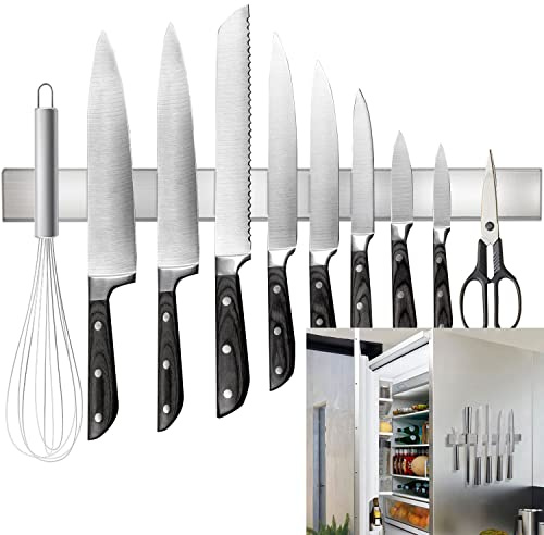 Rymmzone Magnetic Knife Holder for Refrigerator, 17 Double-Sided Knife Magnetic Strip, Premium SUS304 Stainless Steel Magnetic Knife Holder for Wall, Can be Used as Knife Rack, Tool Holder, and More