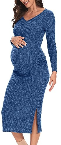 LAHILO V-Neck Side Ruffled Ribbed Baby Shower Bodycon Maternity Dress, A-Blue, S