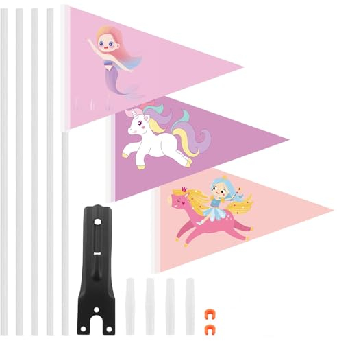 Lets Joy 3 Stück Fahrradwimpel für Kinder, Einhorn Fahrradwimpel, Meerjungfrau Sicherheitswimpel, Wimpel Fahrrad Kinder mit Befestigungswinkel, Kinderfahrrad Zubehör Rosa Wimpel Mädchen Geschenke