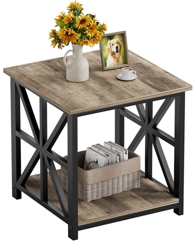 GreenForest End Table with 2-Tier Storage Shelf, 24 inch Large Side Table for Living Room,Modern Nightstand for Bedroom Bedside Office Farmhouse, Grey Wash