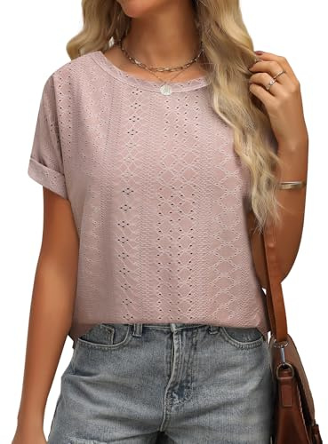 Niwicee Camiseta Mujer Manga Corta Cuello Redondo Hueca Camisa Camisetas Elegante Blusas Casual Verano Básico Tshirts Tops S-XXL(Rosa,L)