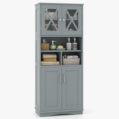 LIFEZEAL Badezimmerschrank Hoch, Freistehender Badschrank mit 4 Türen, Hochschrank mit verstellbaren Regalen, Küchenschrank Organizer für Küche, Bad, Wohnzimmer, 60 x 30 x 145 cm (Grau)