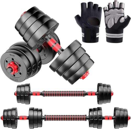 50KG Adjustbale Dumbbells Barbell Kettlebell with Premium Gym Gloves suitable for Home Gyms. Space Saving Home Gym Equipment (Black & Red, 50KG Adjustable Dumbbells & Barbell Set)