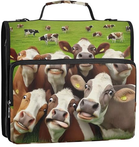 Cute Cow Funny Cattle Binder Zipper Organizer 1.5 Inch 3 Ring Binders Heavy Duty School Binder Bag with Shoulder Strap Storage Portfolio Folder with Handle