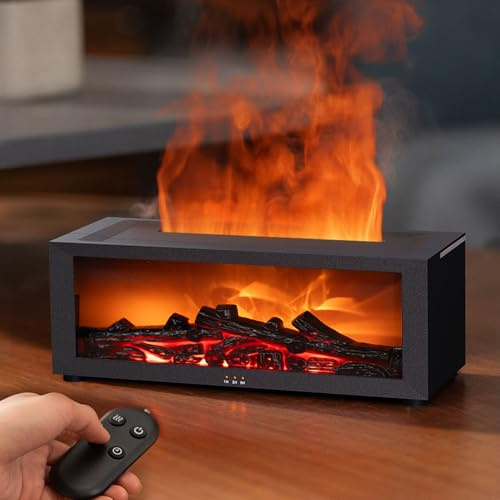 Diffuseur d'arômes avec cheminée LED, diffuseur d'huiles essentielles avec Flamme 7 Couleurs, humidificateur avec télécommande, diffuseur d'huile parfumée pour Parfum d'ambiance – 4 minuteries
