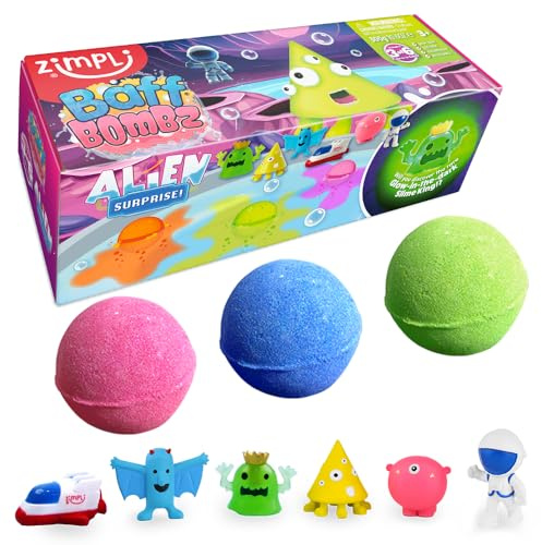 ZIMPLI - Lote de 3 bombas de baño grandes para sorpresa extranjera, 100 g, 1 de 6 juguetes de alien coleccionables, un juguete por bomba de baño, regalo de cumpleaños para niños, juguete de baño