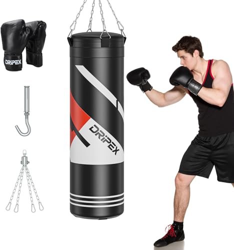 Dripex Punch Bag, 4ft Heavy Boxing Bag Set with Gloves, Adults Hanging Punching Bag with 360° Swivel Hanging Chains for MMA Kickboxing Muay Thai Karate, All Ages Home Gym Training(UNFILLED)