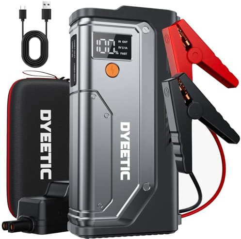 DYEETIC Arrancador de Coche, 6000A Arrancadores de batería de Coche,12V Jump Starter Portátil (para All Gasolina o 10L Diesel) con 18W Carga Rápida, Linterna LED de Emergencia, Cables de Arranque
