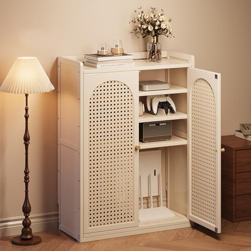 Mobile WiFi da terra con ante in rattan, contenitore multifunzione per router e modem, design ventilato con gestione ordinata dei cavi, ideale per ambienti domestici o uffici(White,59*25*97cm)