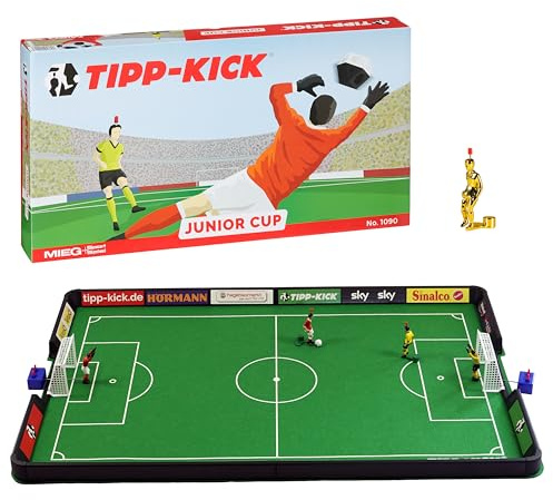 TIPP-KICK Jeu Junior Cup avec baby-foot supplémentaire – Kit de football de table prêt à jouer avec 1 kicker doré supplémentaire, 2 attaquants peints à la main et figurines de gardien de but Toni
