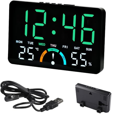 KQWVZ Reloj De Pared Digital LED, 16x10x3,3cm Reloj Digital Pared con Grande LED, Temperatura, Fecha, 2 Alarmas, Brillo Ajustable y Indicadores De Nivel De Comodidad, para Salon Cocina Oficina