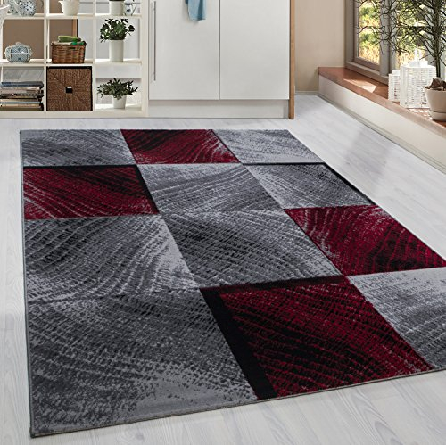HomebyHome Teppich Wohnzimmer 120x170 cm Rot Moderne Kariert Design - Esszimmer und Schlafzimmer Teppich Kurzflor Teppich Extra Weich Pflegeleicht - Carpet Living Room