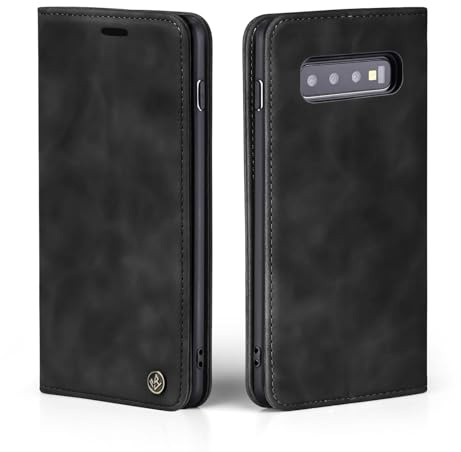 LBH Handyhülle für Samsung Galaxy S10 in Schwarz mit Karten- und Geldfach Smartphone Hülle mit Standfunktion Flip Case Schutzhülle Magnetverschluss Vintage