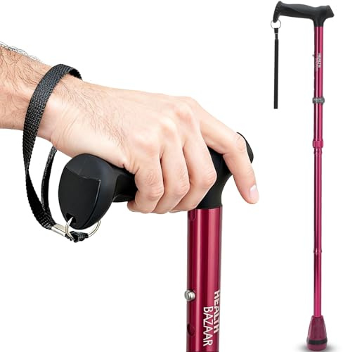 HEALTHBAZAAR All Terrain Walking Cane for Men & Women, Lightweight, Foldable, Adjustable, Shock Absorption, Collapsible Walking Stick for Seniors & Adults (Passion Red)