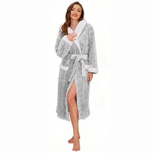 HEARTNICE Plush Long Hooded Robes for Women, Soft Fluffy Womens Fleece Robe Thicker Warm Bathrobes (Light Grey, L/XL)