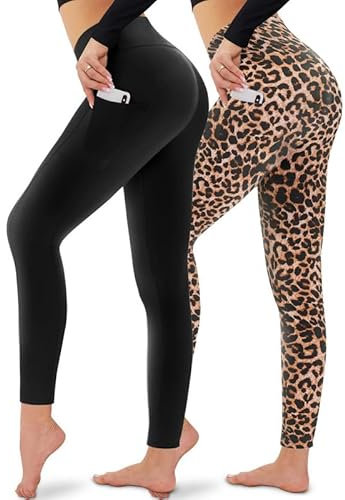 CAMPSNAIL 2er Pack Leggings Damen Schwarz High Waist Sport Leggins Blickdicht Sporthose für Gym Yoga (2er Pack- Schwarz&Leo, L-XL)