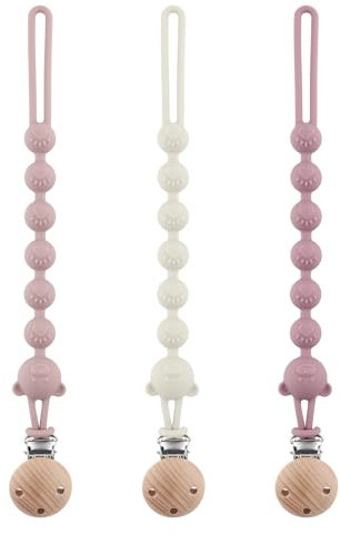 DOUUCO 3er-Pack Schnullerkette Aus Silikon, Schnullerkette Mädchen und Mit Namen Junge, Geeignet für Baby, Hält Schnuller Sauber, Weiche Flexible BPA Frei Langlebig–Hohe Robustheit Mandel Rose Flieder