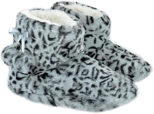 A2Z Ladies Slipper Bootie Leopard Patteren Faux Fur Novelty Warm Winter Soft Comfy Boot Girls Teens Fuzzy Walking Anti Slip Lounge Boots Soft Soles Womens Knitted Cosy Ankle Shoes