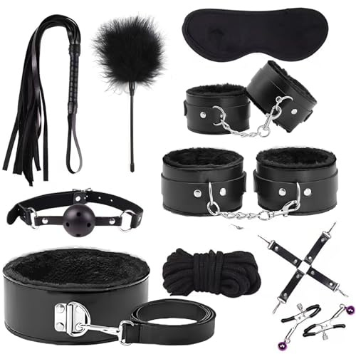 10 PCS Sex Bondage BDSM Kits Restraints, Fetish Handcuffs Ankle Cuff Collar Blindfold Whip Rope Nipple Clamps Paddle Ball Gag Adult Games Foreplay Sexy Toys for Couples (Black)