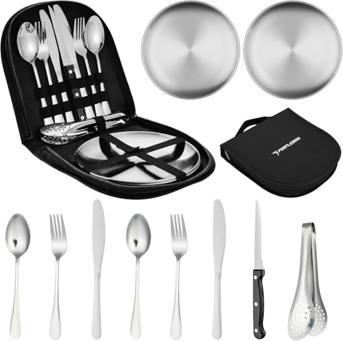 PURPLEBIRD Camping Geschirr Set 2 Personen, Silber 10-teiliges Camping Geschirr Set mit Edelstahl Gabeln, Tafelmesser und Löffel, 10 Stück Tragbars Campingbesteck Set für Outdoor & Picknick
