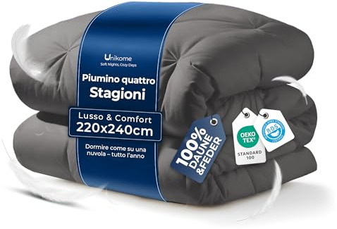UNIKOME Edredón de Plumas y Plumón Cama 80/90, 100% Algodón, Relleno Nórdico Plumón para 4 Estaciones, Diseño con Pliegue Pinzado, Certificado Oeko-Tex (Gris Oscuro, 220x240cm)