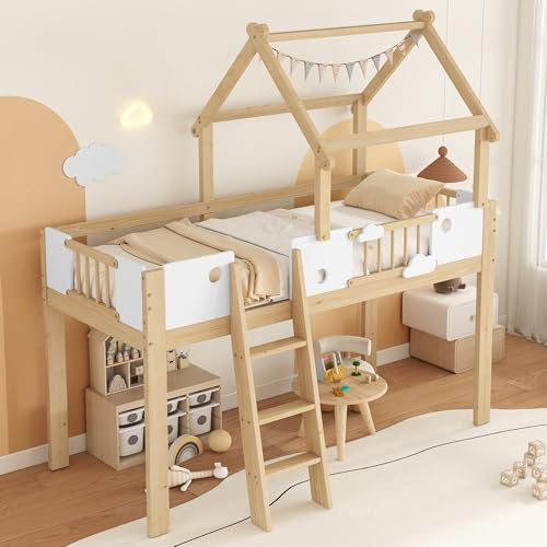 DUlVBPE Loftsäng, barnsäng med fallskydd och galler, unik takdesign, med trestegslutande glidare, ram av tall, tall + MDF + plywood, vit + natur, 90 x 200 cm
