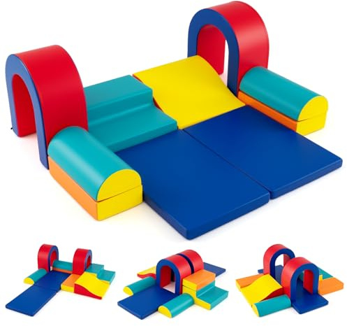 COSTWAY Kids Soft Play Set, 10 Pieces Baby Foam Climbing Blocks with Waterproof PU Leather, Indoor Toddler Climb and Crawl Activity Playset for Sensory Motor Skills (Red+Blue)