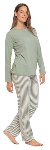 TRAMAS+ Pijama Mujer 100% algodón, Pijama Largo Mujer, Conjunto de Camiseta Manga Larga y Pantalón Largo con Cintura Ajustable - XL, Raya Kodac Verde Keike