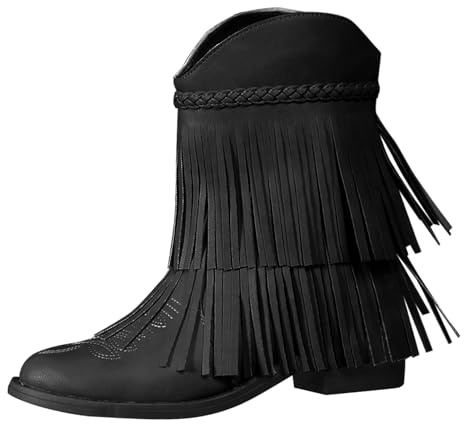 Botines de invierno para mujer, color blanco, botines de piel para mujer, elegantes, con flecos, botas de encaje, botas de cuero, cómodas, cálidas y cálidas, Negro , 41 EU