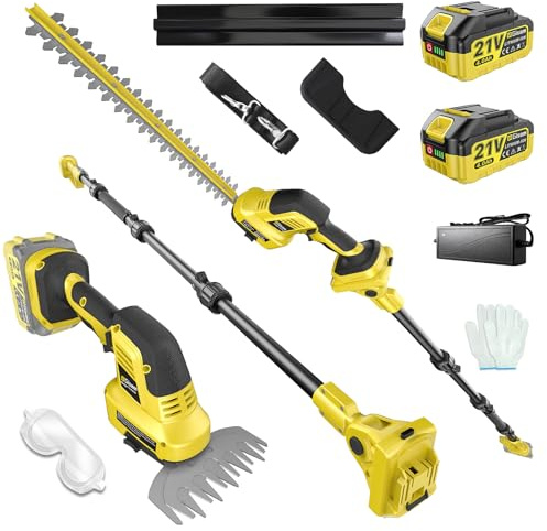 4 en 1 Cortasetos a batería Podador Altura para Makita 18V, con 2×4.0Ah baterías, extensión 4,55 m, Cuchillas 406 mm & 152 mm, Cabeza Corte giratoria 180°, como cortaarbustos y cortacésped (Amarillo)