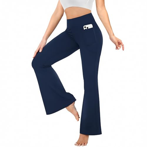 Fiohiros Flared Leggings Women with Pockets, High Waist Tummy Control Bootcut Pants, Stretchy Yoga Leggings for Yoga Gym Workout (UK, Alpha, S, Regular, Regular, Navy Blue)
