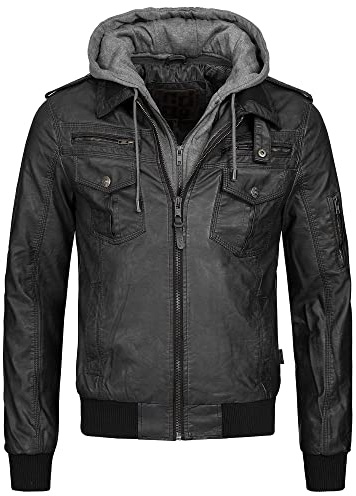 Indicode Herren Aaron Lederjacke mit abnehmbarer Kapuze | Kunstlederjacke Übergangsjacke Black, XL