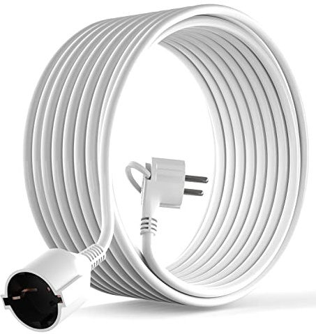 MutecPower 10 Meter Verlängerungskabel mit Flachstecker Qualitäts-Kunststoff Schuko Verlängerung mit Flachstecker Schutzkontakt 90° Winkelstecker & Schutzkontaktkupplung bis 250V 16A IP20-10m weiß