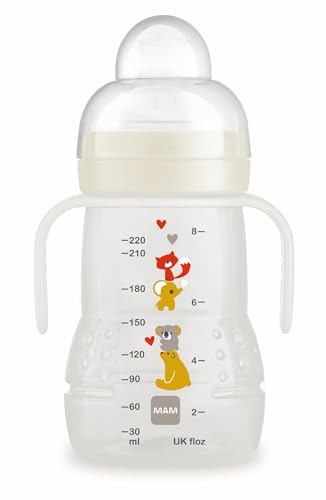 MAM Biberón y Vaso 2 en 1 para Bebés +4 Meses, Neutro, 220 ml, 1 ud | Con Boquilla Extra Blanda y Tetina Antiderrames de Silicona SkinSoft, Fácil Aceptación, Asas para Sostenerlo Fácilmente