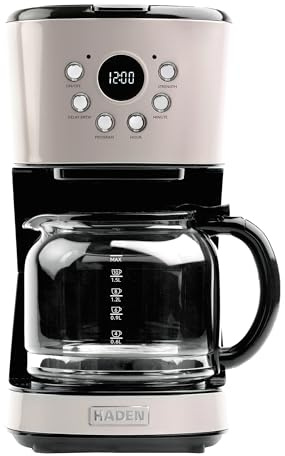 HADEN 12-Cup Programmable Coffee Maker for Home or Office, Putty & Chrome – Drip Brewer Machine with Brew Strength, Delay Brewing, Auto Shut-Off and Reusable Washable Water Filter