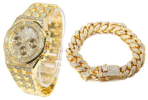 HALUKAKAH Diamanti Orologio Oro, Uomo Placcato Oro Reale 18K 40MM Largo Numeri Romani Componi Quarzo Cinturino 22cm con Link Cubano Catena 20cm Bracciale Set, con Scatola Regalo